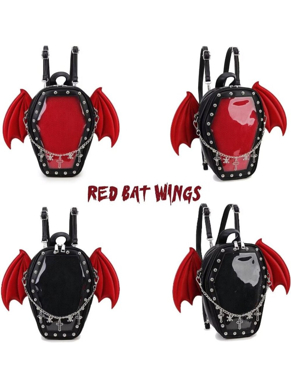 Women’s Black Red Wing Gothic Coffin Purse Halloween PIN Imported Backpack Bag - Picture 7 of 7